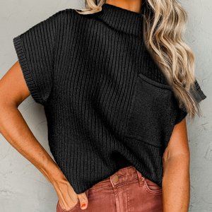 Ribbed Knit Short Sleeved Sweater - Black
